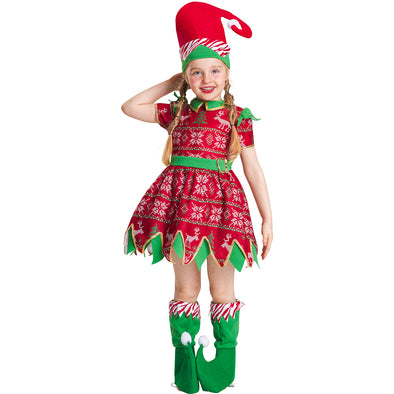 Girls Christmas Elf Costume Dress Hat Shoe-covers Set