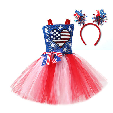 Girls US Independence Day Costume Flag Dress Suit with Bow Decor