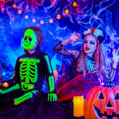 Kids Glow Skeleton Costume,Child Scary Bone Skull Outfit(6PCs)