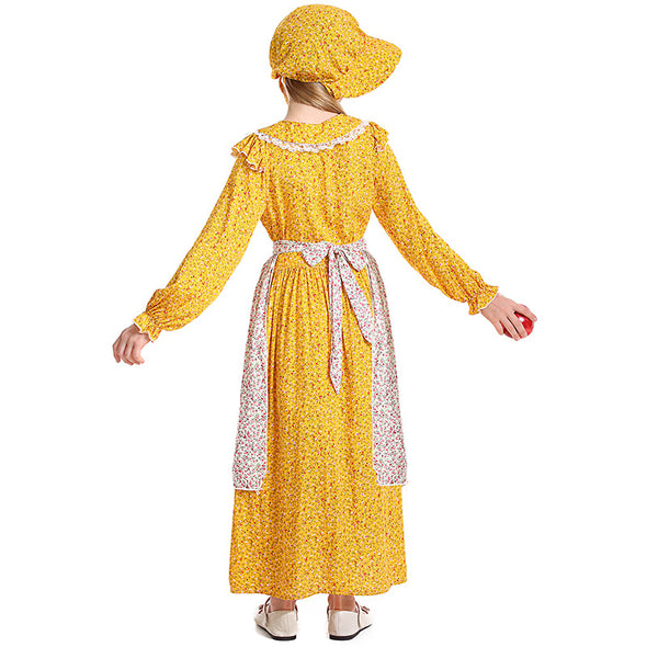 Girls Yellow Pioneer Costume Dress Apron Suit