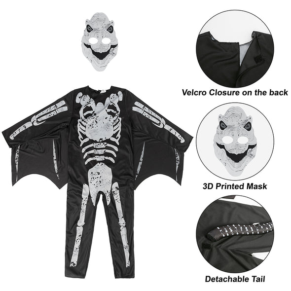 Kids Dinosaur Skeleton Costume Jumpsuit Mask Set