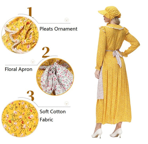 Women Yellow Pioneer Costume Dress Suit