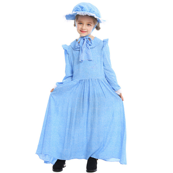 Girls Blue Pioneer Costume Dress Apron Suit