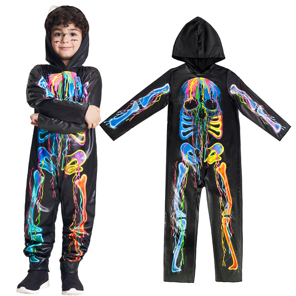 Kids Colorful Skeleton Hooded Jumpsuit
