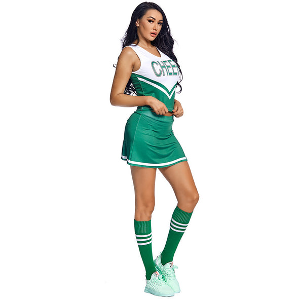 Women Green Cheerleader Costume Dress Pompoms Suit