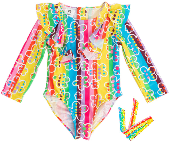 Girls One-Piece Rainbow Stripes Swimwear Headband Set