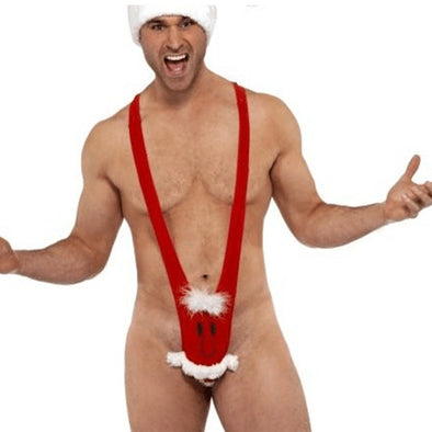 Men's Velvet Underwear Christmas V-Sling Mankini Santa G-String Thong Bikini