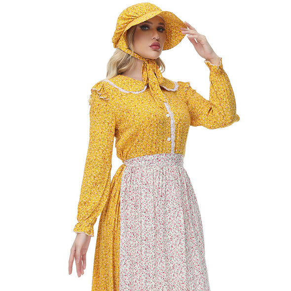 Women Yellow Pioneer Costume Dress Suit