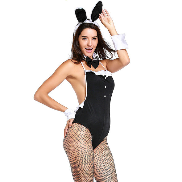 Women Black Bunny Girl Costume Bodysuit Set