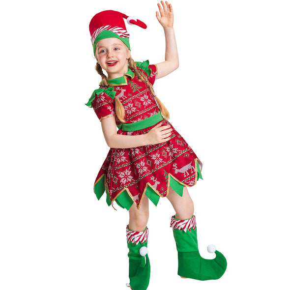 Girls Christmas Elf Costume Dress Hat Shoe-covers Set