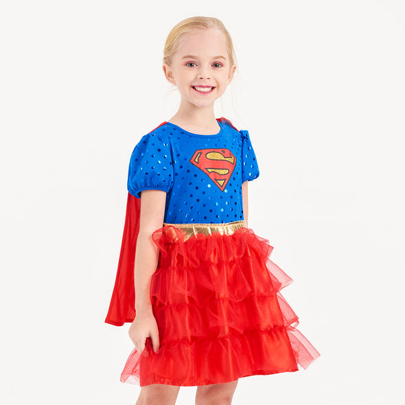 Girls Costume Short Sleeves Supergirl Dress, Birthday Party Outfit