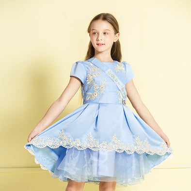 Girls Princess Party Dress Embroidery Blue