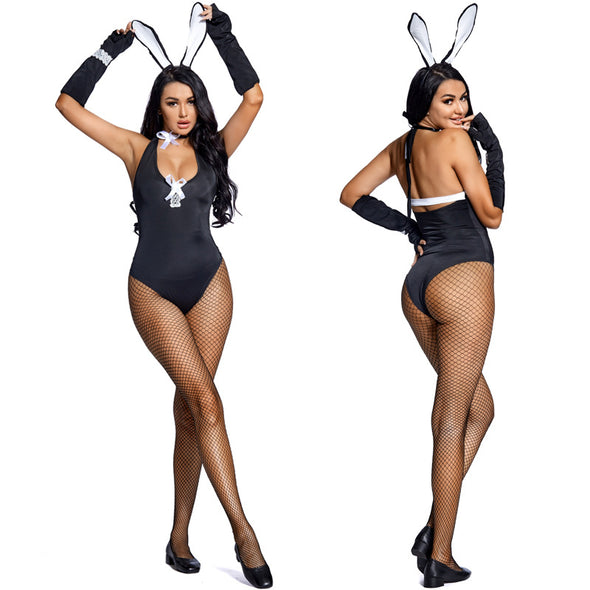 Women Black V-neck Bunny Girl Costume Bodysuit Set