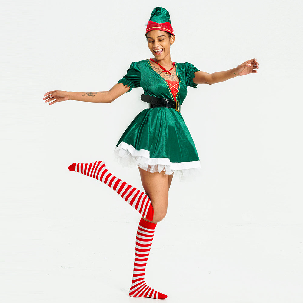 green christmas elf dress Women Christmas Elf Costume Green Red Holiday Dress With Hat, Socks | Adult Elf Outfit for Christmas Party, Cosplay Photoshoot