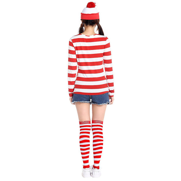 Women Where's Wally Costume T Shirt Stockings Suit