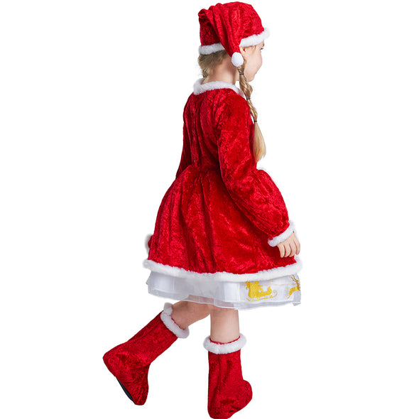 Girls Christmas Costume Dress Hat Shoe-Covers Set