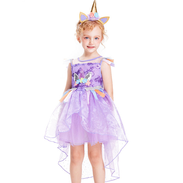 Girls Unicorn Dress Party Costume Kids Fancy Dress Up Outfit Purple With Headband