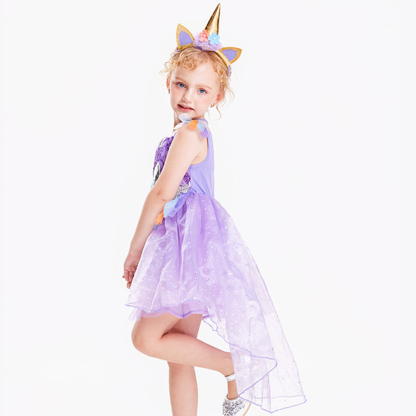 Girls Unicorn Dress Party Costume Kids Fancy Dress Up Outfit Purple With Headband