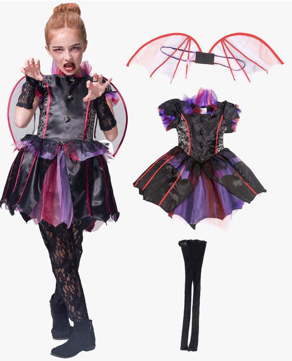 Girls Vampire Costume Gothic Evil Countess Dress Halloween Bat Wing