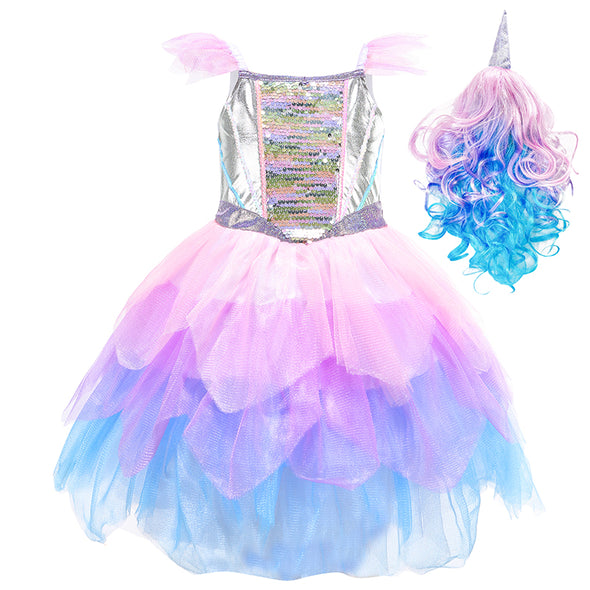 Girls Unicorn Dress Costume With Rainbow Wig for Halloween Party