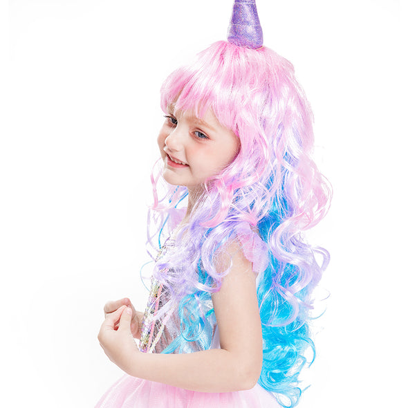 Girls Unicorn Dress Costume With Rainbow Wig for Halloween Party