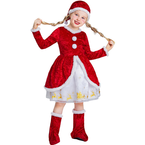 Girls Christmas Costume Dress Hat Shoe-Covers Set