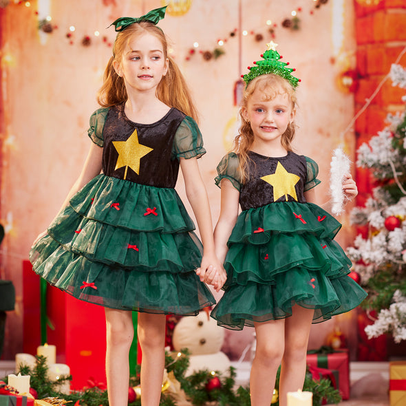 Christmas Tree Costumes for Girls, Xmas Outfit Clothes Toddler Gift Dress Up Kids Story Pretend Happy Holidays 3-10y