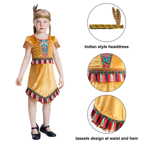 Girls The Native American Indian Costume Dress Set