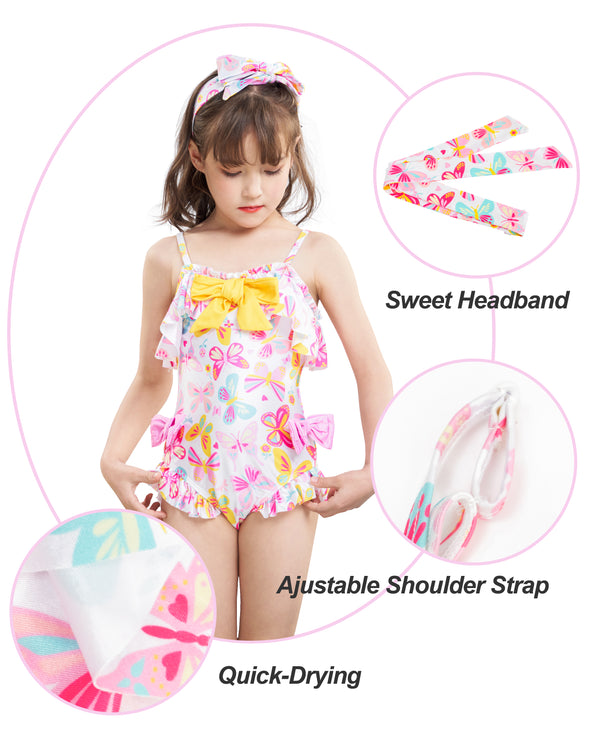 Girls One-Piece Colorful Butterfly Swimwear Headband Set