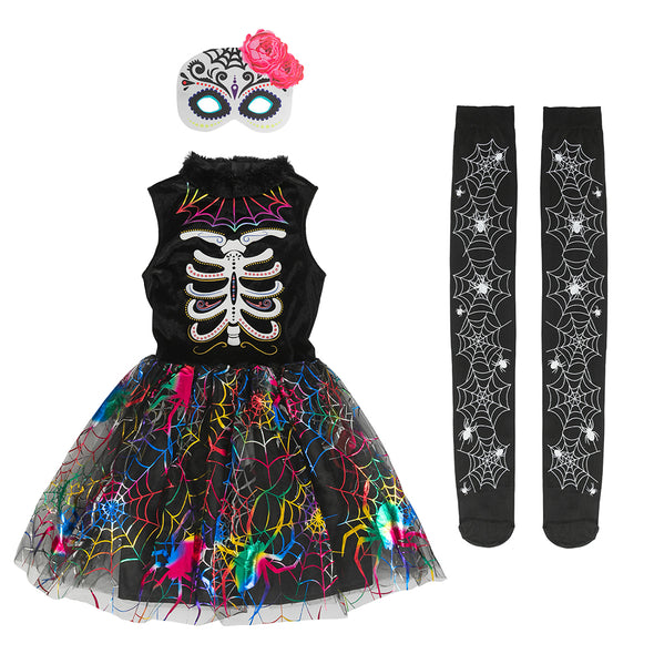Girls Spider Skeleton Costume Dress Set