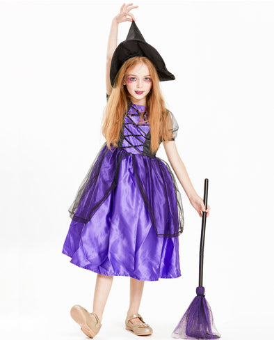 Little Girls Fairytale Cute Witch Costume Set Outfit With Hat For Halloween