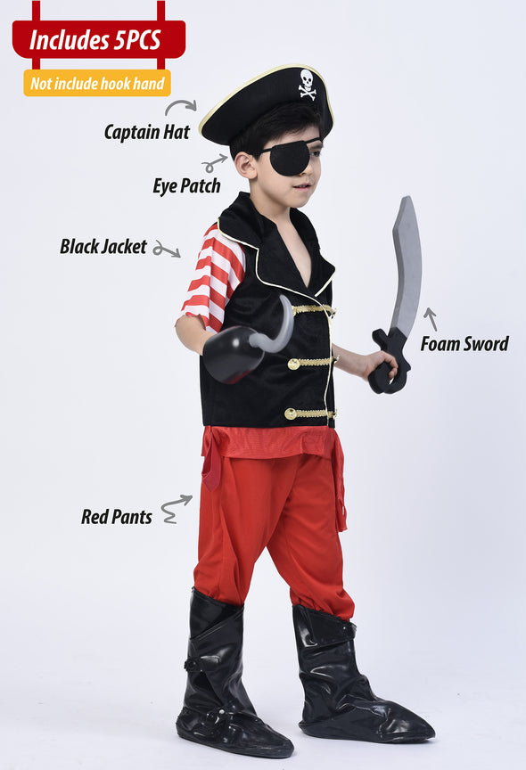Pirate Costume for Boys, Deluxe Buccaneer Outfit with Captain Hat (5pcs Set)