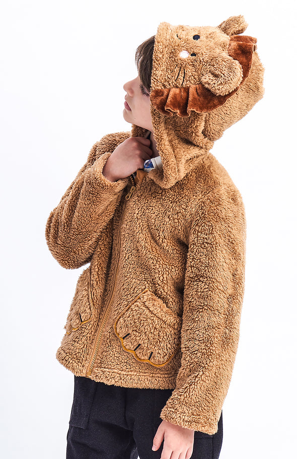 Boys Sherpa Jacket Kids Lion Costume Flannel Hooded Outfits Plush Zipper Coat