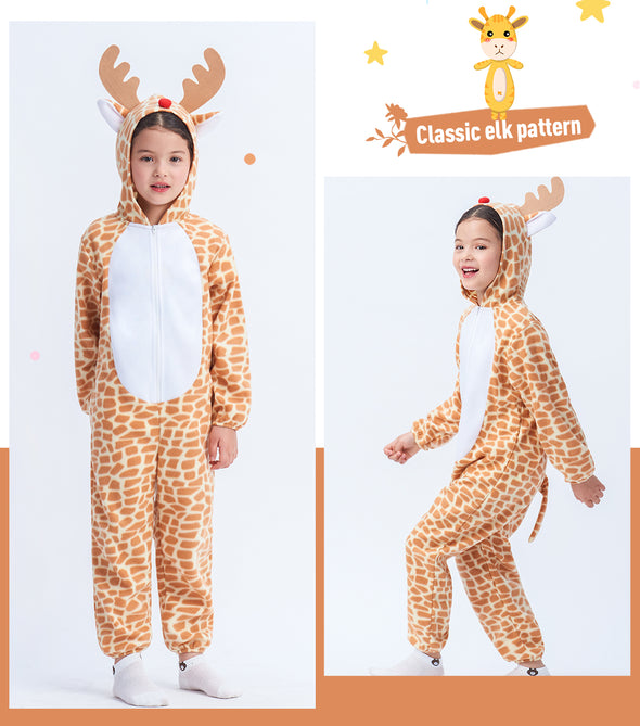 Kids Deer Pajamas Girls Boys Animal Jumpsuit Flannel Santa Elk Costume