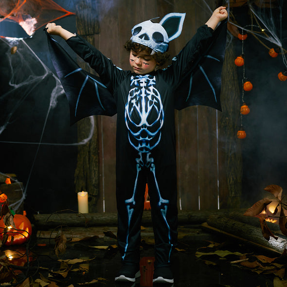 Kids Bat Skeleton Costume Jumpsuit Wings Hat Set