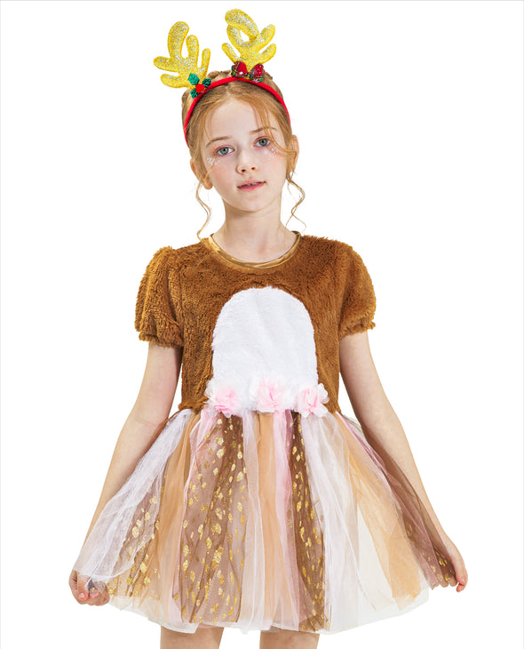 Girls Christmas Deer Elf Costume Dress Headband Set