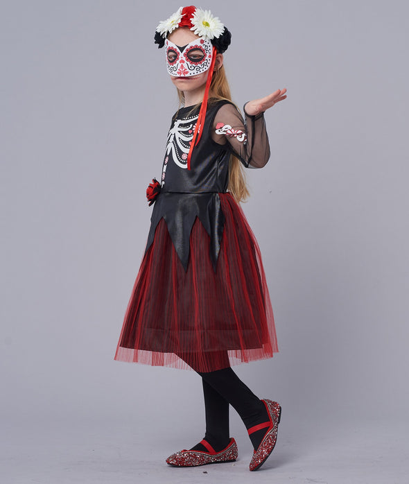 Halloween Girls Skeleton Costume, Day of The Dead Dress(3PCS)