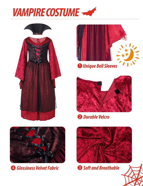 Girl Vampire Costume Outfit, Princess Fancy Dress Up Gown for Halloween Party