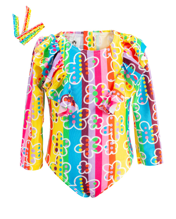 Girls One-Piece Rainbow Stripes Swimwear Headband Set