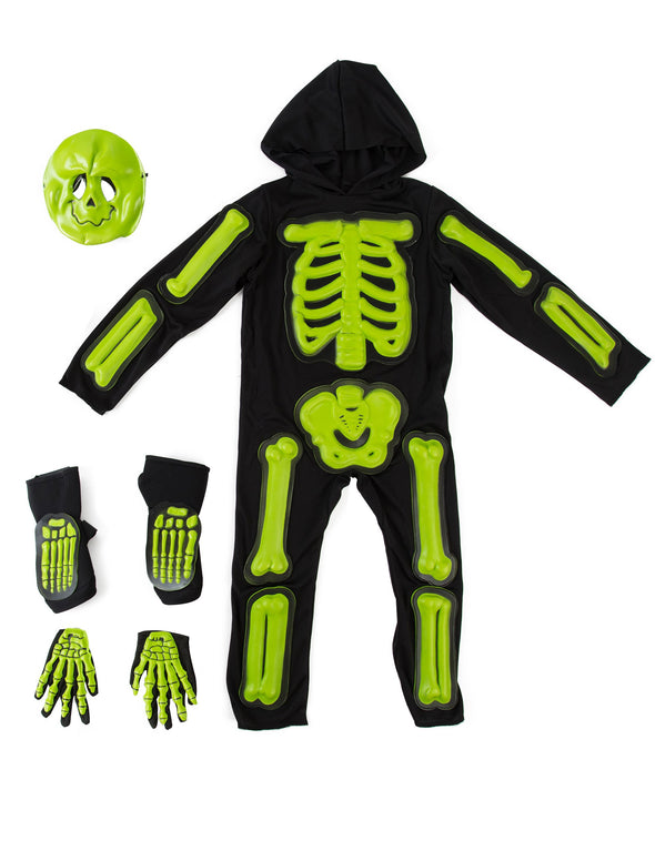 Kids Glow Skeleton Costume,Child Scary Bone Skull Outfit(6PCs)