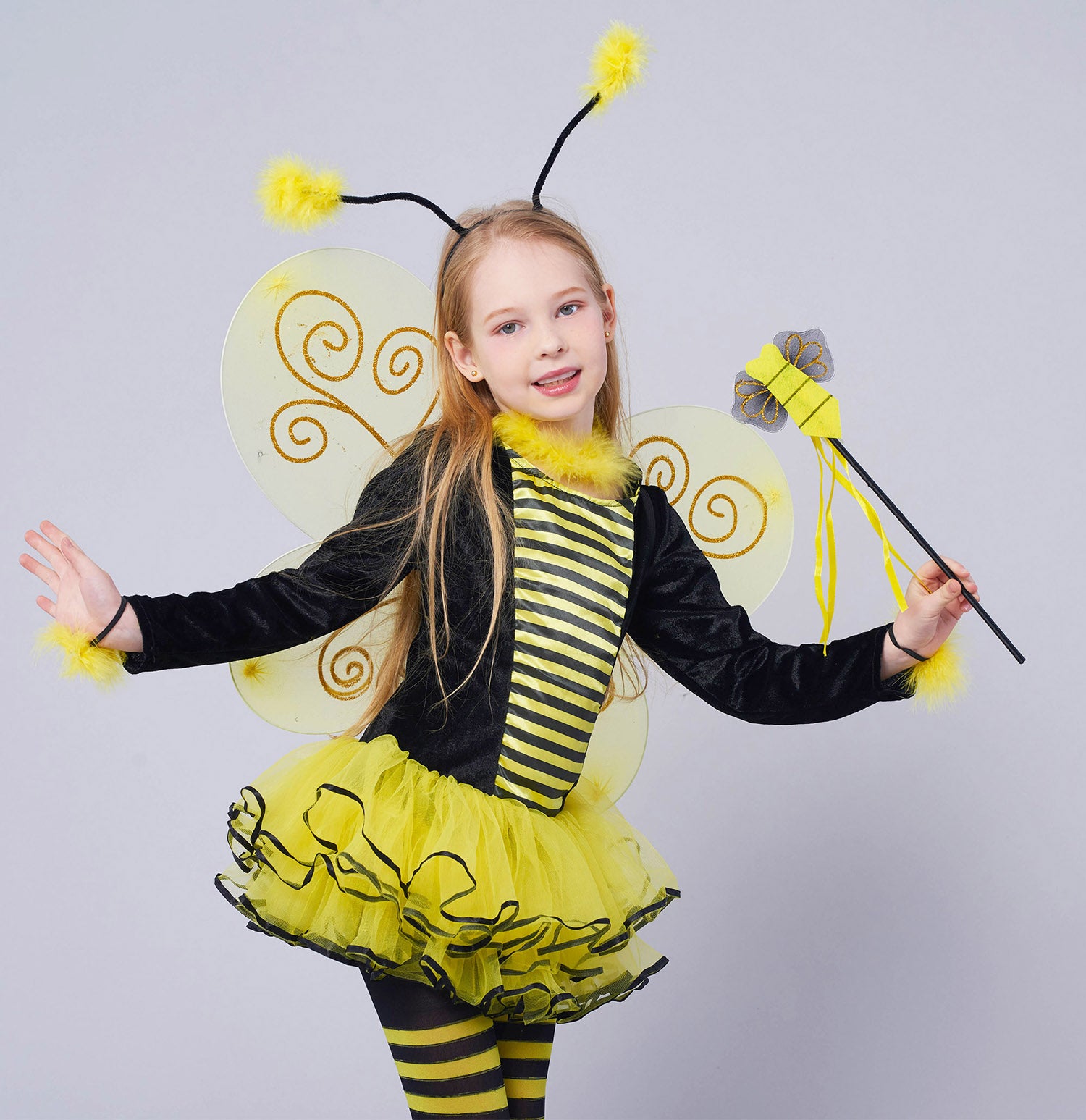 IKALI Girls Bee Costume Deluxe Animal Fancy Dress Outfit with Wings (10pcs Set) 7-8Y