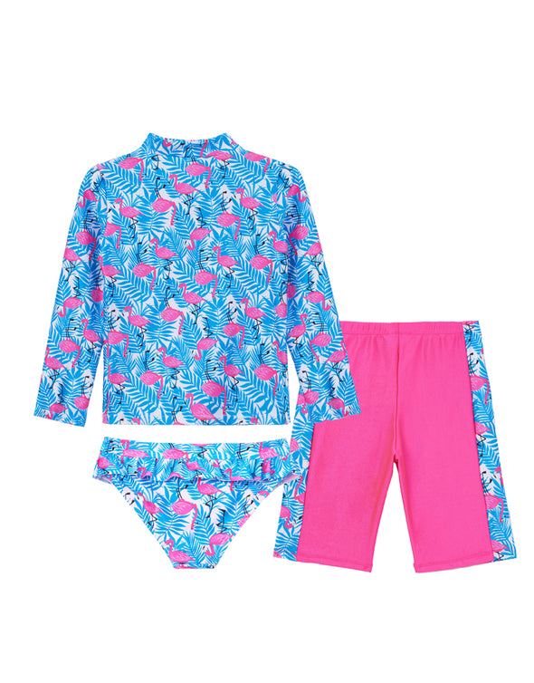 Girls Three Pieces Swimsuits Kids Flamingo Printing Beach Bathing Suit For Vacation