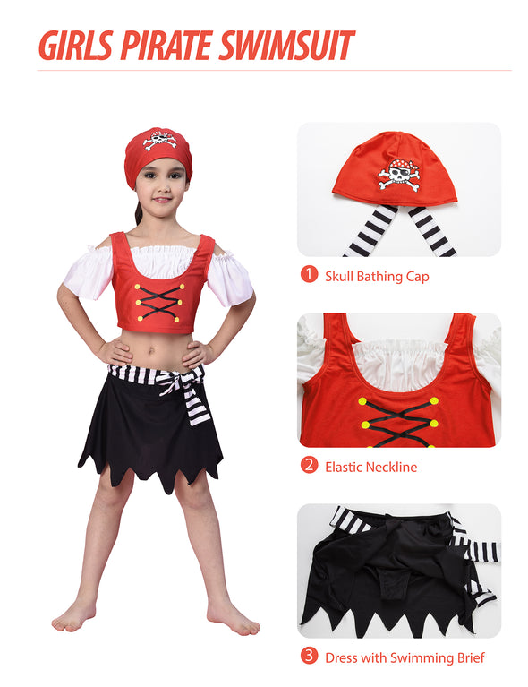 Girls 3-Piece Pirate Swimsuits, Off-the-shoulder Buccaneer Tankini Bikini Swimwear with Skull Cap, Kids Viking Bathing Suit for Beach Vacation Swimming 3-8Y