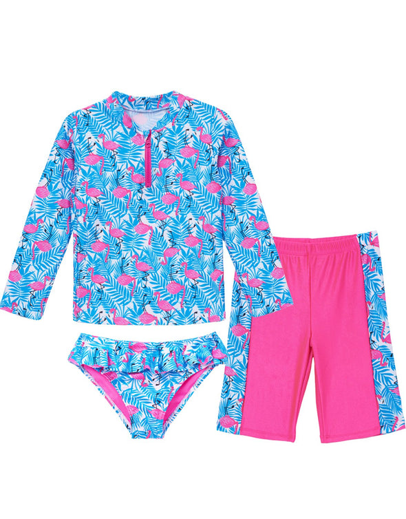 Girls Three Pieces Swimsuits Kids Flamingo Printing Beach Bathing Suit For Vacation